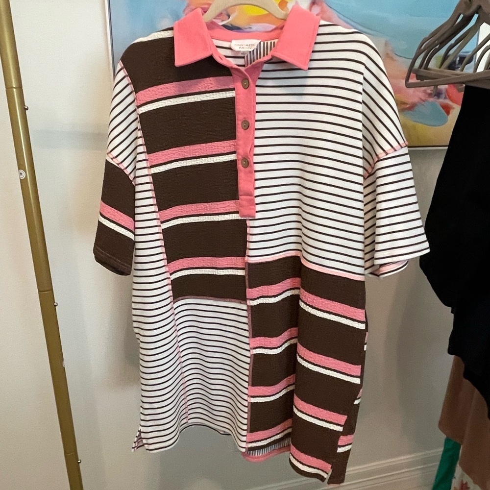 Fantastic Fawn  Pink Brown & White Striped Colorblock Polo Shirt‎ dress L